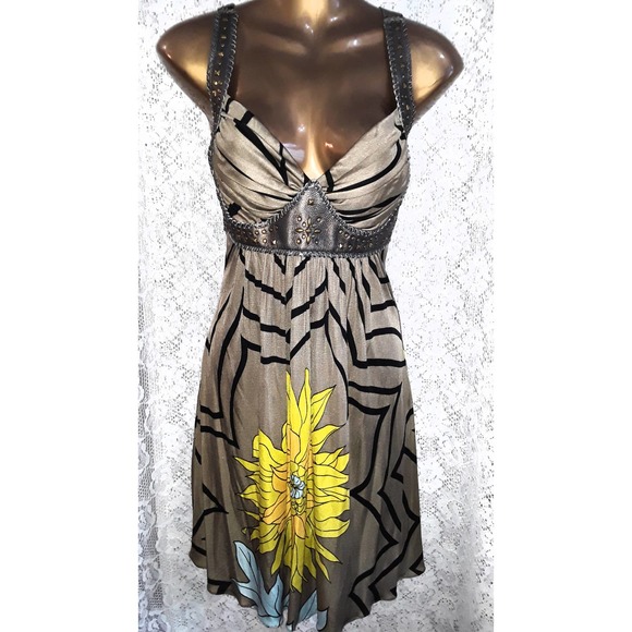 NWT Sky Sz Med Silk and Leather Gladiator Style Empire Waist Dress - Picture 1 of 10